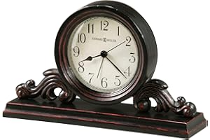 Howard Miller Bishop 645-653 - Orologio da tavolo decorativo in metallo e legno, finitura nera consumata, sottotoni rossi, decorazione per la casa vintage, fondo in feltro, movimento di allarme al