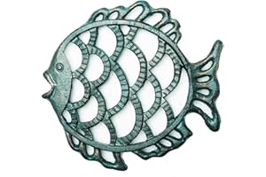 Sungmor -Salvamanteles de Pescado Fundido de Hierro Fundido de Alta Resistencia - 17,8 × 19 × 1,9 cm - Bastidores a Prueba de Herrumbre de Aspecto rústico y Retro Soportes para sartenes o teteras