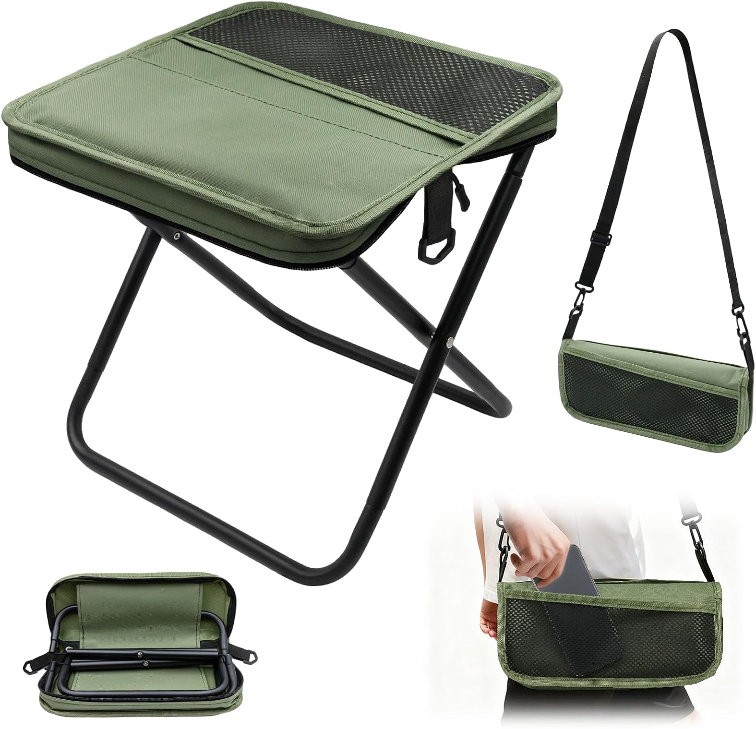 Taburete Plegable Para Mochila, Taburete Ligero Para Acampar con Correa Para el Hombro, Taburete Plegable con Bolsa de Transporte con Cremallera Para Pesca, Viajes, Senderismo, Picnic(Verde,Grande)