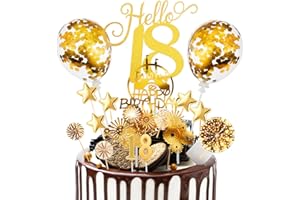NUTS OT NUTS Tortendeko 18 Geburtstag Männer Frauen 17 Pcs Cake Topper Happy Birthday Kuchen Dekoration 18 Geburtstag Torten Topper Deko mit geburtstagskerzen Sternen Konfetti-Luftballons und Papierfächer Gold