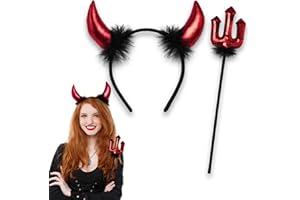 ROSAUI Devil Horns Headband & Sequin Pitchfork – Red & Black Halloween Costume Accessories for Adults – Fun Fancy Dress for Parties, Masquerade & Carnival