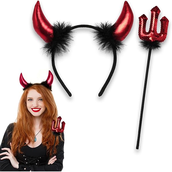 Halloween Demon fascia stile Punk colore rosso nero soffice piuma diavolo corna cerchio per capelli Festival Cosplay Party Prop decorazione  200000297