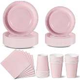 Nkaiso 96 Pieces Pink Tableware Party Birthday Plates and Cup Children's Birthday Party Decoration Disposable Plates Napkins