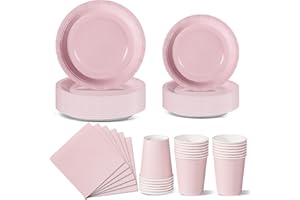 Nkaiso Anniversaire Vaisselle de fete 96 Pièces Rose Party Assiettes en Papier Set Assiettes de Fête Jetables Papier Tasses Serviettesr, pour Barbecue les Fêtes les Pique-niques -24 Invités