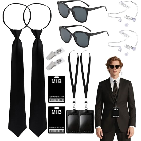 Geheimagenten-Kostüm Set – 4-teilig Mit Ohrstück, Sonnenbrille, Krawatte & ID-Karte – Für Halloween & Cosplay