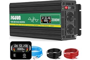 JIGUUN 2000W inverter 12V 230V ren sinus spänningsomvandlare | 2 EU-uttag & 2.4A USB-utgång fjärrkontroll och LCD-display Pea