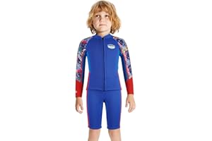 Summshall Kids Wetsuit, 2.5mm Two Piece Boys Girls Wetsuits Neoprene Thermal Swimsuit Long Sleeve Top+Shorts Warm Sun Protection Front Zip Ultra Stretch Diving Suit Chlid Wetsuit for Watersport