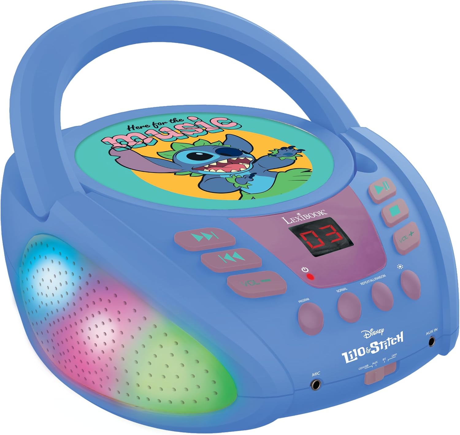 Lexibook - Disney Stitch - Reproductor de CD Bluetooth para niños - Portátil, Efectos de luz Multicolor, Toma de micrófono, Toma Auxiliar, Funciona con Corriente alterna o con Pilas, Azul, RCD109D