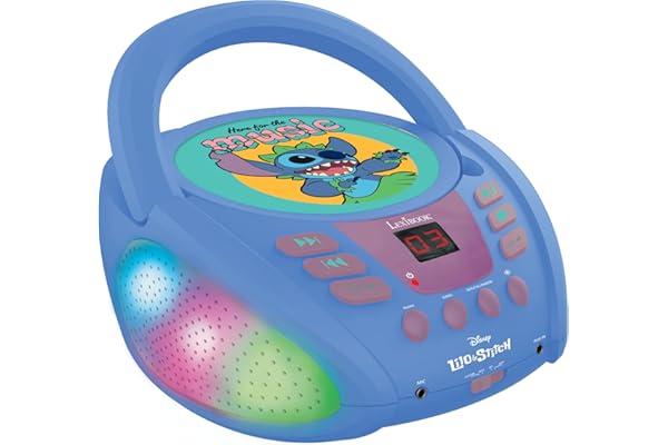 Lexibook - Disney Stitch - Lecteur CD Bluetooth pour Enfants - Portable, Effets Lumineux, Prise Micro, Entrée aux-in, Pile ou Secteur, Filles, Garçons, Bleu, RCD109D