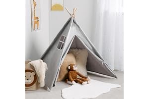 OHS Teepee Tent for Kids, Easy to Assemble Foldable Sleepover Indoor for Kids Portable Teepee Garden Beach Canvas Playhouse with 4 Wood Poles