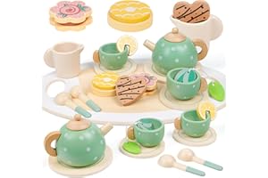 EXTFANS Service à Thé en Bois pour Enfants, Services à Thé en Bois Bébé, Jouet Éducatif Éveil Montessori, Accessoire Cuisine Enfant pour Enfants Filles 3 4 5 6 7 Ans