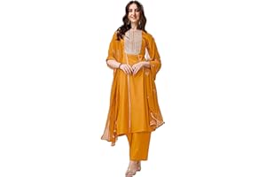 EthnicJunction Women Kurta Pants Embroidered Chinon A-Line Dupatta Set
