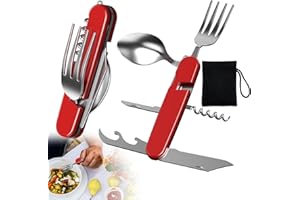 Qaestuan Posate Pieghevoli 6 in 1, Set di Utensili da Campeggio con Custodia, Posate da Viaggio Rimovibili Multiuso, per Escursionismo, Viaggi, Picnic, Campeggio (Rosso)