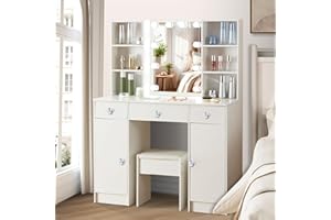 Aovquof Dressing Table with LED Lighting Mirror, Vanity Table with 3 Light Colors, Adjustable Brightness, Makeup Desk with 3 Drawers and 6 Shelves, Crystal Knob, 140×100×40cm