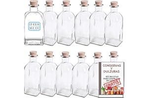MUNDOTARROS Pack 12 Frascas de Cristal de 500 ml con Tapón de Corcho - Frascos Cuadrados Herméticos Rellenables y Reutilizables Resistentes para Bebidas, Aceite, Vino, Licor... Incluye Etiquetas (500 cc)