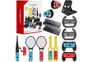 Aedcbaide 14 In 1 Switch Sport Zubehör Set für Nintendo Switch, Zubehör-Kit Kompatibel mit Golfschläger/Badminton-Tennisschläger/verstellbare Armbänder und Beinriemen/Griffhülle für Joycon Mario (14)