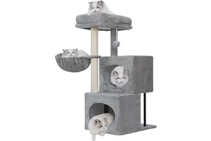 Heybly Árbol Rascador para Gatos, 92 cm con Diseño Escalonado, Plataforma Grande, 2 Cuevas, Postes de Rascar con Cobertura Total de Sisal, Juguete de Peluche con Campana, Gris Claro HCT201SW