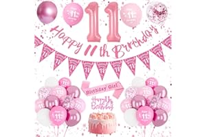 DJLLA 11th Birthday Decorations - Pink Balloons, Happy Birthday Banner & Number 11 Sash for Girls