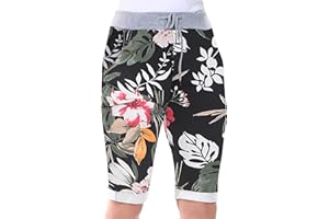 Love My Fashions® Women's Italian Shorts Ladies Summer Cotton Turn-Up 3/4 Cropped Printed Trousers Elasticated Drawstring Knee-Length Denim Magic Shorts