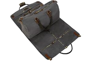 CRUITBILI 2 in 1 Canvas Leather Suit Luggage Garment Bag with Shoulder Strap for Travel and Business Trips, Grey