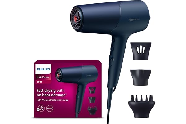 Philips 5000 Series - sèche-cheveux, technologie ThermoShield, ionique, 2 300 W, bleu métallique, avec concentrateur de 9 mm et 11 mm, diffuseur de volume, BHD510/20