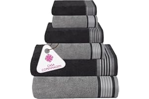 Casa Copenhagen 550gsm 2 Toallas de Baño Grandes 2 Toallas de Mano Grandes 2 Toallas de Algodón Egipcio Super Suave Juego de 6 Toallas para Baño Cocina y Ducha - Gris Mirage + Gris Granito