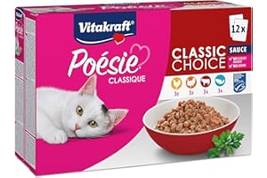 Vitakraft Poésie Classique, Nassfutter Katze, Katzennassfutter in Sauce, mit Huhn, mit Truthahn, mit Rind, mit Lachs, ohne Zusatz von Zucker und Getreide (1 Paket mit 12x 85g)