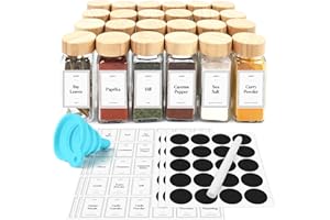 JOEJI'S KITCHEN Joejis Słoiki na przyprawy z pokrywkami i etykietami, zestaw 24 szt., 120 ml, bambusowa pokrywka, doskonałe rozwiązanie do przechowywania przypraw i ziół