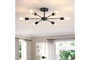 Gbood 6-Lights Semi Flush Mount Ceiling Light, Black Sputnik Chandelier for Bedroom Lighting, Industrial Kitchen Light Fixture Ceiling Mount for Dining Room Hallway Living Room