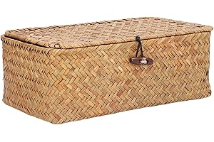 FOCKET Wiklinowy Kosz z Pokrywą - Ręcznie Tkany, Wielofunkcyjny, Pyłoszczelny z Trawy Morskiej, Prostokątny do Przechowywania (L)