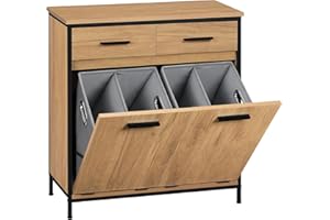 ‎EUGAD EUGAD Szafka łazienkowa, szafka pomocnicza z 2 szufladami i 2 ukrytymi koszami na pranie, wytrzymała płyta MDF, metalowa rama, jasny dąb + czarny, 72,5 x 34 x 80 cm