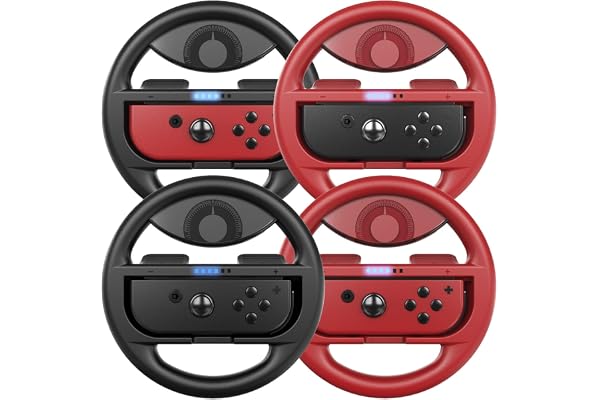 COODIO Volant Switch, Racing Wheel Joy Con, Volant de Course Pour Mario Kart 8 Deluxe / Nintendo Switch & Modèle OLED, Noir / Rouge (Pack de 4)