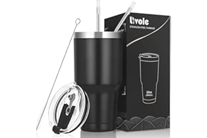 Livole Kubek termiczny do kawy na wynos, 900 ml, dla mężczyzn, kobiet, kubek na kemping, kubek ze stali nierdzewnej z podwójnymi ściankami, ze słomką, izolowany próżniowo kubek do kawy, kubek