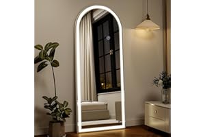 Koonmi 140x50 cm Arched LED Full Length Mirror with Lights, Light-adjustable Full Body Mirror with Stand Equipped with Touch Buttons, White