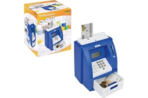 Idena 50060 - Hucha Digital para Niños con Sonido, Cajero Automático En Azul y Blanco con Pantalla Pequeña, Contador de Monedas y Tarjeta de Crédito Protegida con Pin