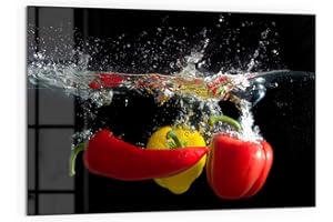 DEQORI Panel posterior de cocina de cristal, diseño de pimientos en el agua, 60 x 40 cm, pared trasera para baño o cocina, protección contra salpicaduras para cocina y baño, decoración moderna para