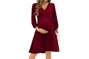 KOJOOIN Vestido de Maternidad de Las Mujeres con Cuello en V 3/4 Mangas Vestido de Lactancia Volantes Vestidos de Embarazo con cinturón(Embalaje múltiple)
