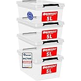 ATHLON TOOLS 4 x 5L Storage Boxes with Lid, Food Safe, Locking Clips, 100% Clear Plastic Box, Stackable Clothes Boxes
