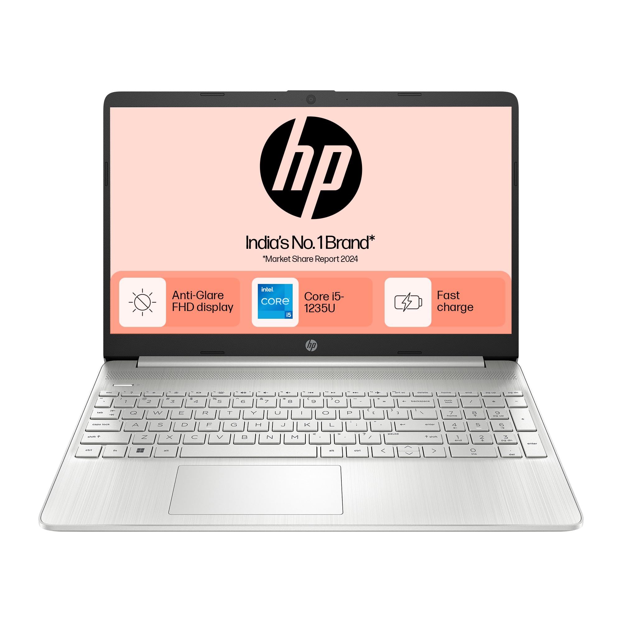 HP 15s, 12th Gen Intel Core i5-1235U, 8GB DDR4, 512GB SSD, (Win 11, Office 21, Silver, 1.69kg), FY5008TU Anti-Glare, 15.6-inch(39.6cm), FHD Laptop, Intel UHD Graphics, Backlit KB, HD Camera, fq5329tu