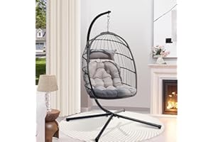 Lishetimig Hanging Egg Chair with Stand, Outdoor Indoor Swing Chairs, Rattan Foldable Hammock Chair Include Comfortable Cushion Headrest, 350LBS Capacity for Patio, Garden, Bedroom, Balcony (Grey)