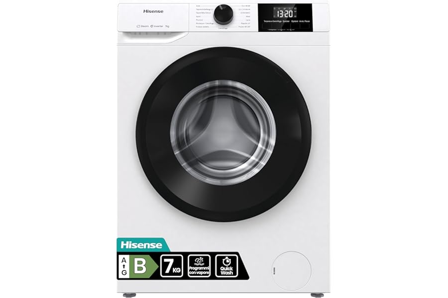 Hisense WF1G7021BW – Slim Front Load Washing Machine 7 kg, Class B, Steam, Allergy Care, 15 Programs, Inverter Motor, Quick Wash 15 ', Basket Cleaning, LED Display, White