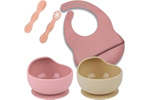HappyDoo - Set Pappa Svezzamento - 2 Ciotola Svezzamento + Cuchiai Silicone Svezzamento Fase 1 + Fase 2 + Bavaglino - Piatto Svezzamento No BPA - Set Pappa Bimbo con Ventosa - Posate Neonato