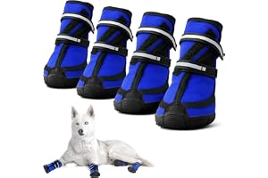 KUTKUT Dog Pack of 4pcs Boots for Medium Large Dogs, Waterproof Dog Shoes with Nonslip Rubber Soles & Reflective Straps, Pet Booties High-Ankle Paw Protectors for Walking, Hiking, Running (Blue, XL)