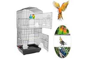 MUL-BOUTIQUE Vogelkäfig für Voliere mit Futterhäuschen, tragbarer Vogelkäfig aus Metalldraht mit Griff, Schubladenplatte, Vogelkäfig für Papageien mit Trennwand (Schwarz, 46 x 36 x 92 cm)