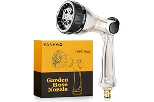 FANHAO Professional Garden Hose Spray Gun Heavy Duty, 100% Metal Thumb Control Hose Pipe Spray Gun with 8 Spray Patterns, High Pressure Hose Nozzle for Watering Plant & Lawn, Washing Car & Pet