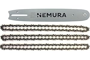 Nemura Guide de 30 cm et Lot de 3 Chaînes de tronçonneuse - 45 Maillons Entraîneurs - Pas 3/8 LP - Jauge 0.50 (1,3mm) - Pièces Détachées de qualité professionnelle pour Outillage - Marque Française