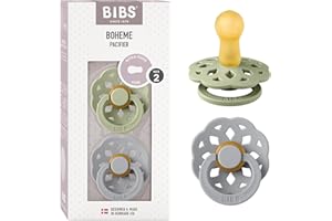 BIBS Boheme Smoczek, 2 szt. Bez BPA. Okrągły kształt gumowej główki, Rozmiar 2 (6-18 miesięcy), Sage/Cloud