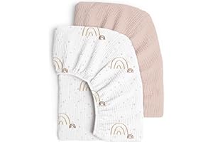 lulumoon Juego de 2 sábanas bajeras ajustables para bebé, de algodón muselino, para cuna o cama de bebé, 60 x 120 cm/70 x 140 cm, sábana de viaje (arco iris rosa, 60 x 120 cm)