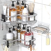 Mensola Doccia Angolare Senza Foratura - 3 Pezzi Con 4 Ganci, Nero, Anti-Ruggine, Per Bagno O Cucina - Foto 3