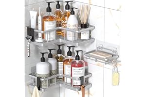 YASONIC Mensola Doccia Angolare Porta Sapone per Doccia, 3 Pezzi Mensola Doccia senza Foratura, Portasapone Doccia Mensole Bagno con 4 ganci Removibili, Anti-Ruggine Portaoggetti Doccia - Argento